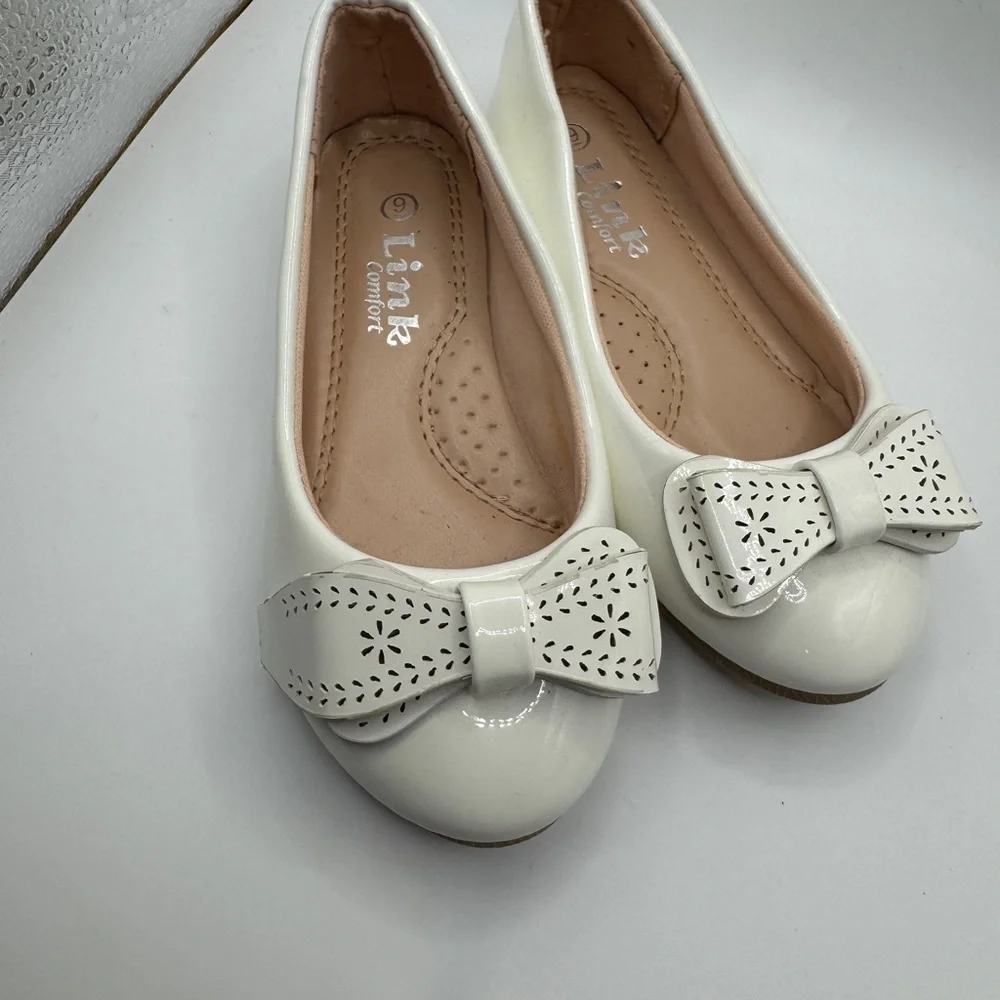 Link Comfort Toddler Size 9 White Patent Dress Shoes Flats with Bow